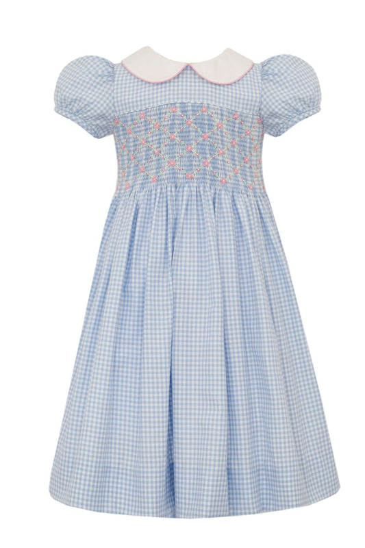 Blue Gingham Smocked Collared Dress