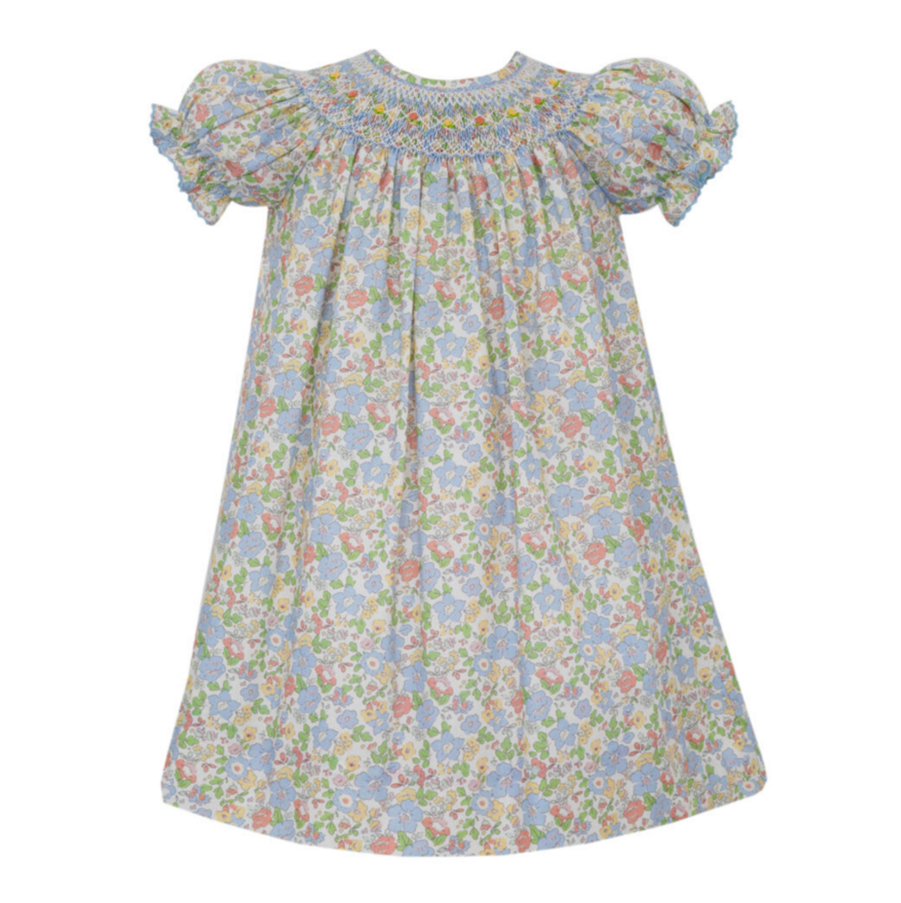 Blue Liberty Floral Short Sleeve Bishop Smocked Dress