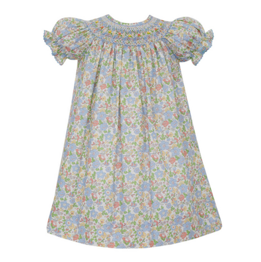 Blue Liberty Floral Short Sleeve Bishop Smocked Dress