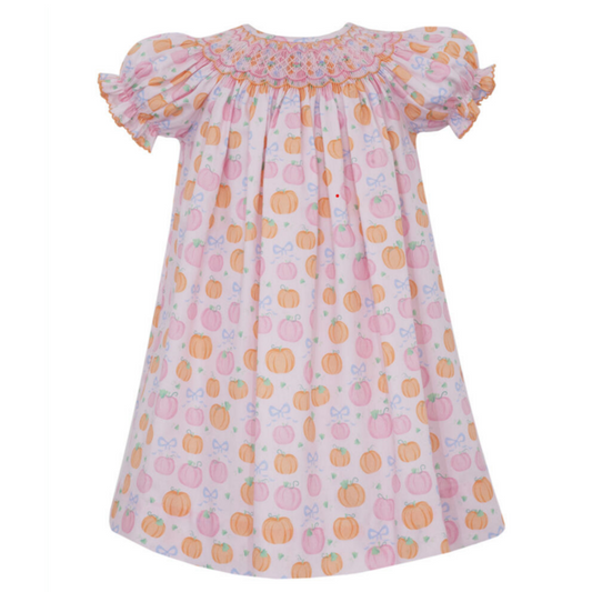 Pink & Orange Pumpkin Print Short Sleeve Bishop Smocked Dress