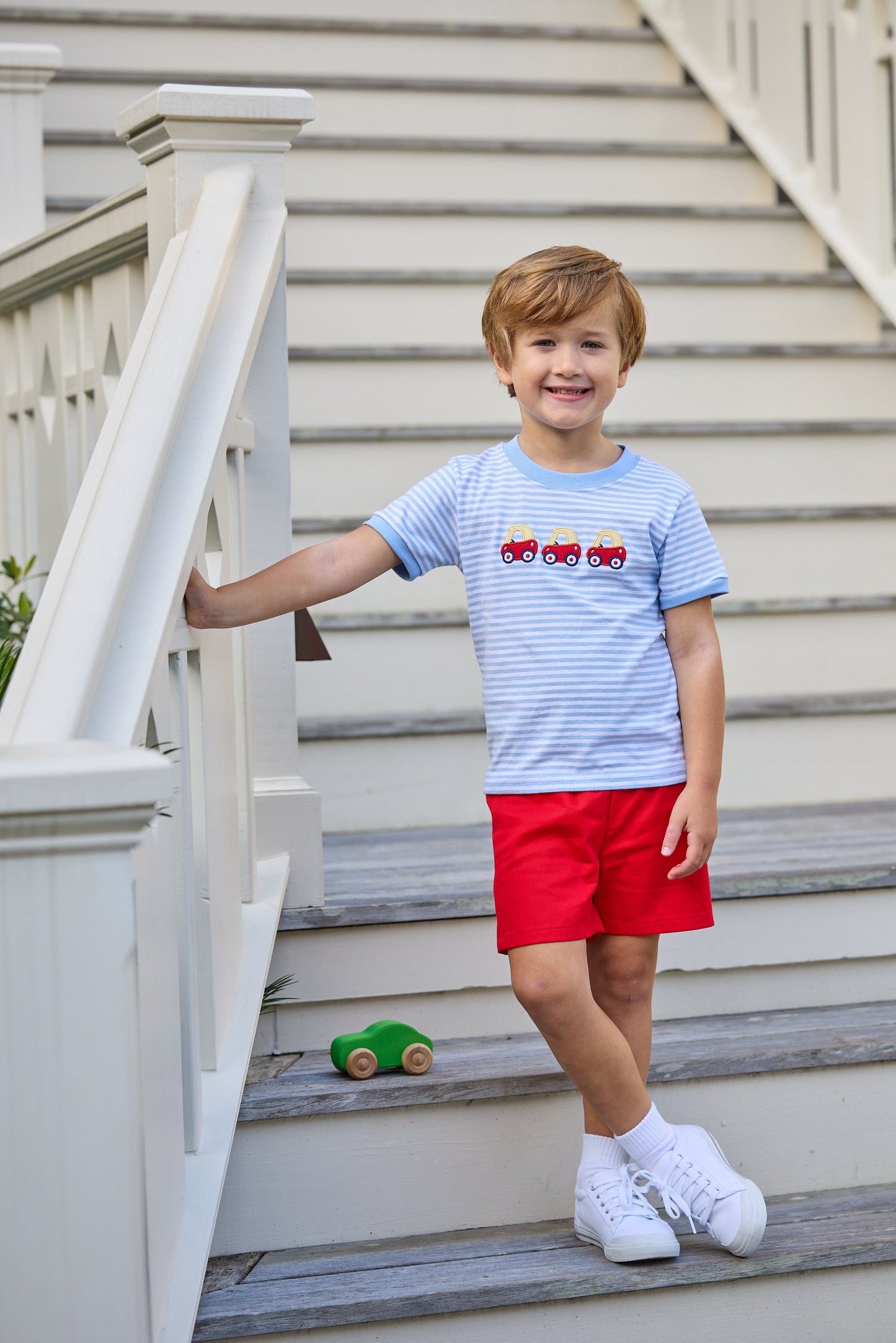 Little english classic t-shirt in light blue and white stripe with toy car applique on chest, Basic short in red twill, for little boy