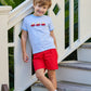 Little english classic t-shirt in light blue and white stripe with toy car applique on chest, Basic short in red twill, for little boy