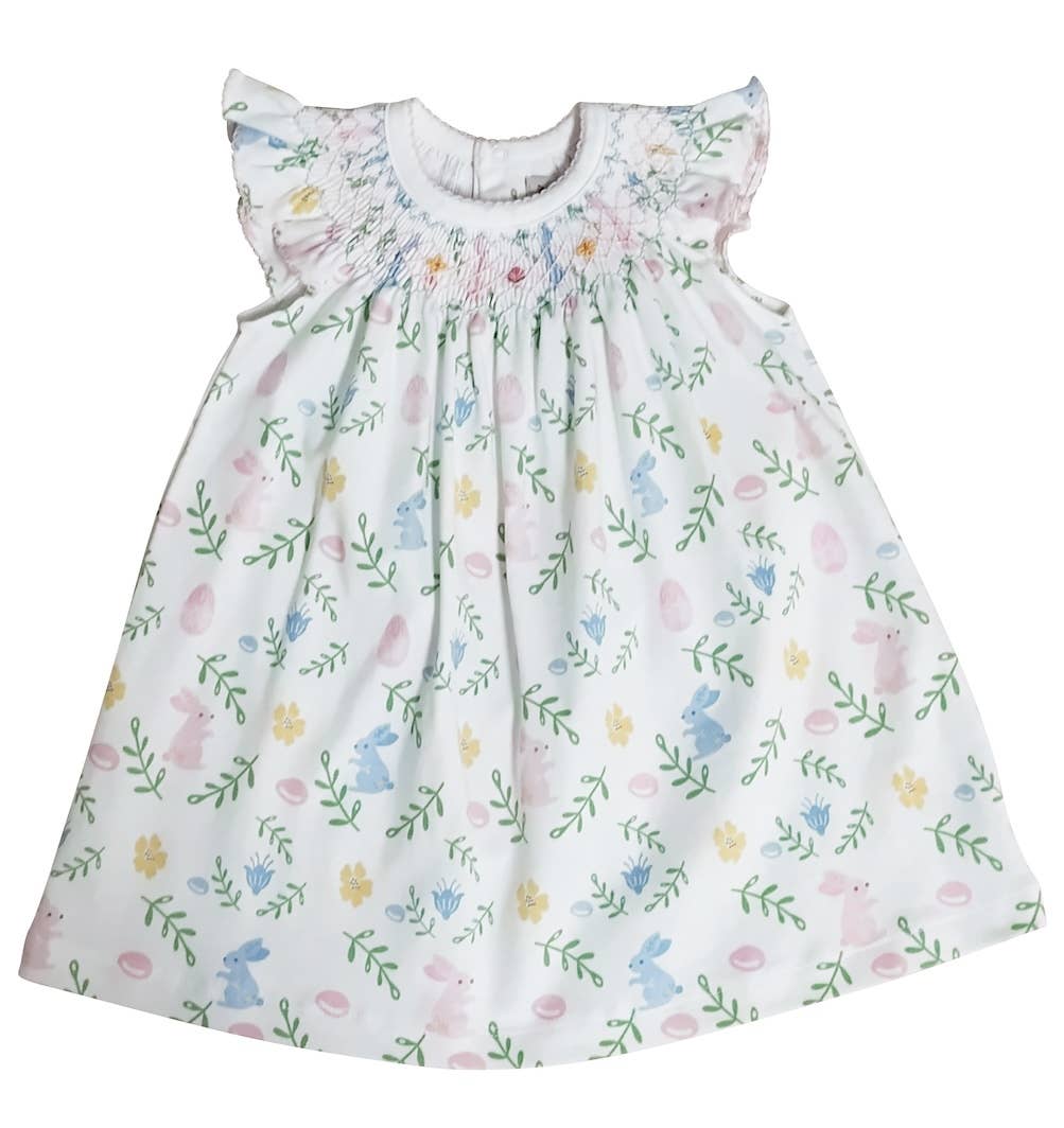 Bunny Print Bishop Smocked Dress