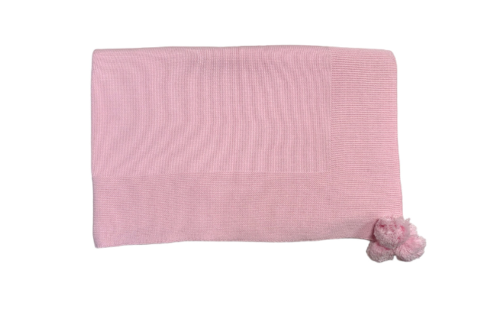 Knit Baby Blanket with Pompoms, Pink