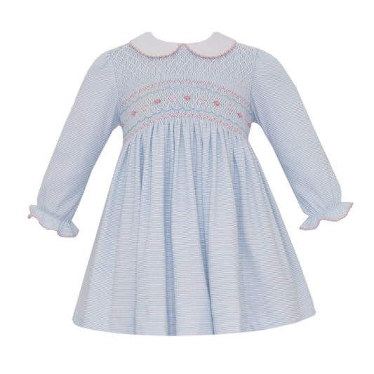 Cindy Smocked Long Sleeve Lt. Blue Pinstripe Dress