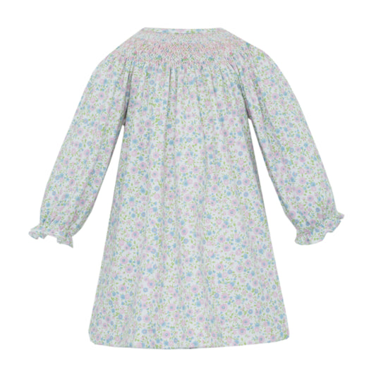 Linda Pink & Blue Liberty Floral Bishop Smocked Long Sleeve Dress