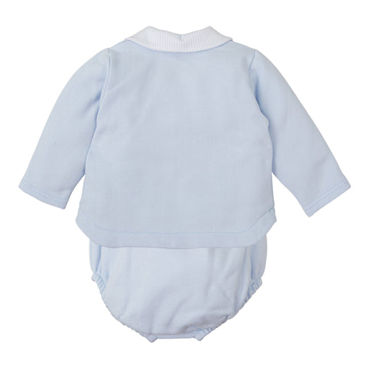 Blue Long Sleeve Collared Front Pocket Diaper Set