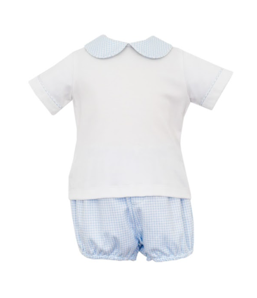 Boy's Short Sleeve Collared Lt. Blue Gingham Knit Diaper Set