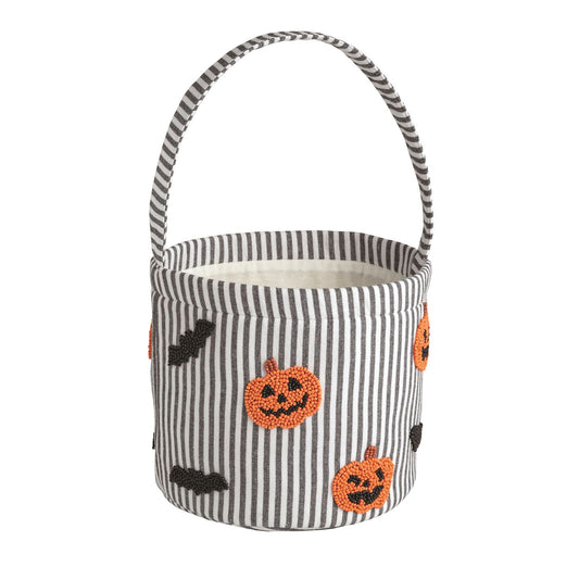 Pumpkin & Bats Black Striped Beaded Halloween Bucket