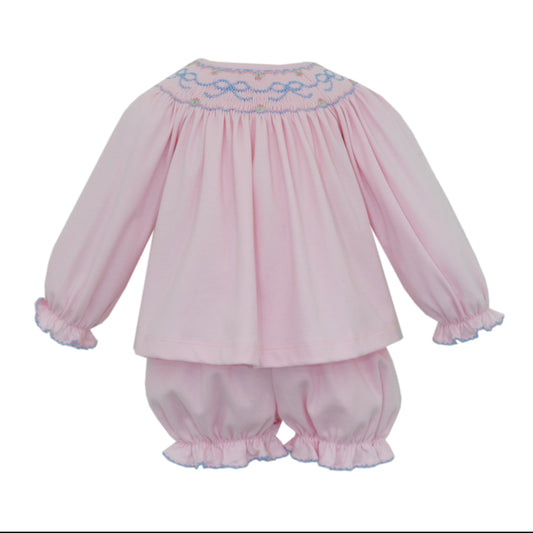 Blue Bows Bishop Smocked L/S Pink Knit Bloomer Set