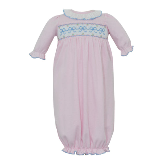 Girl's Blue Bows Smocked Pink Sack Gown