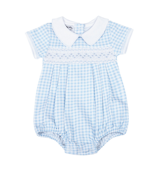 Blue Mini Checks F24 Smocked Collared Short Sleeve Boy Bubble