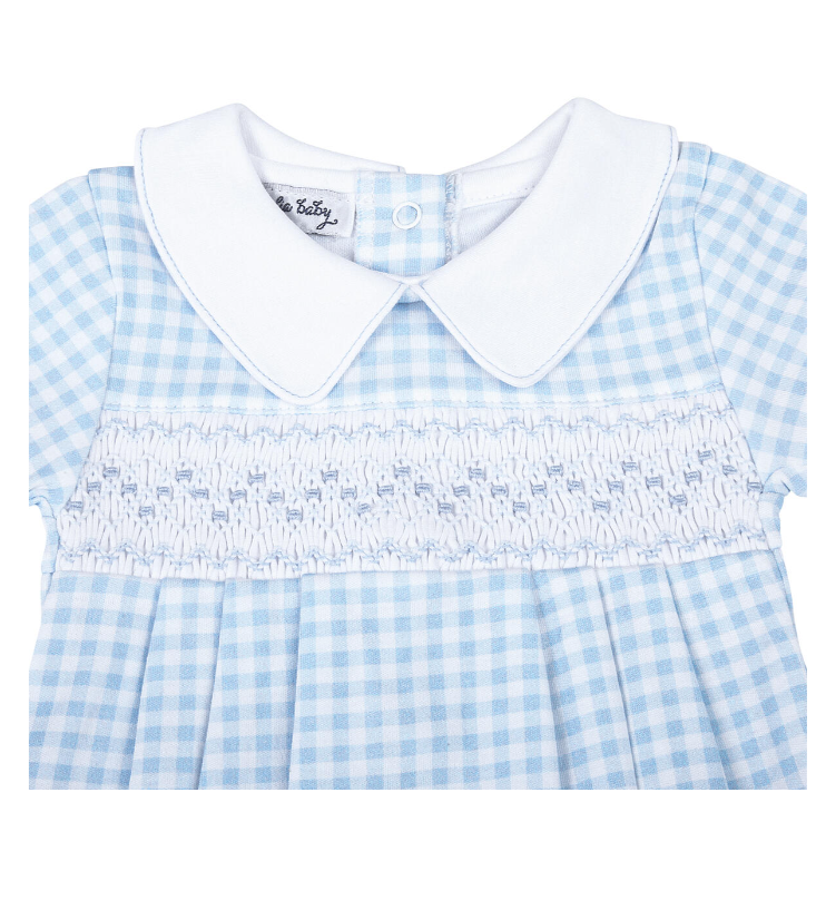 Blue Mini Checks F24 Smocked Collared Short Sleeve Boy Bubble