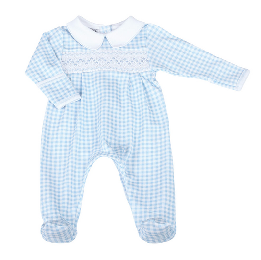 Blue Mini Checks F24 Smocked Collared Boy Footie