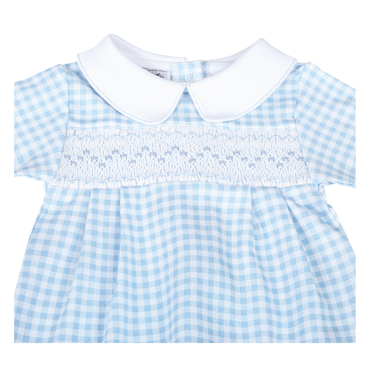 Blue Mini Checks F24 Smocked Collared Boy Footie