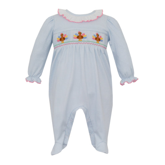 Girl's Turkey Smocked Blue Check Footie