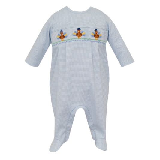 Boy's Turkey Smocked Blue Check Footie