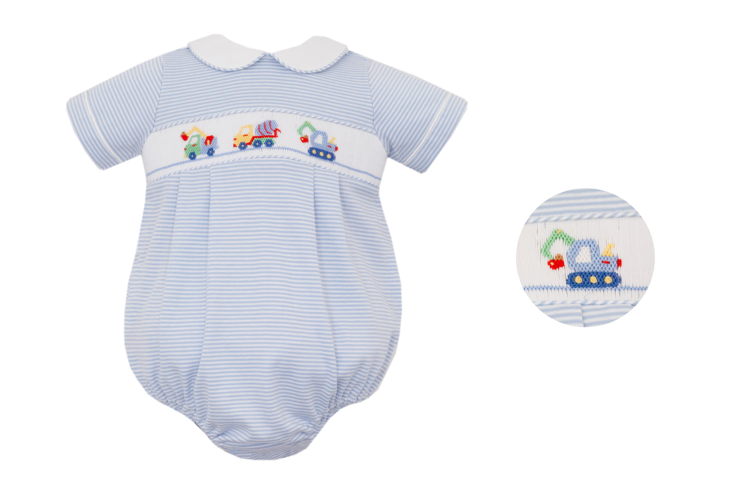 Construction Trucks Smocked Blue Stripe Knit Bubble