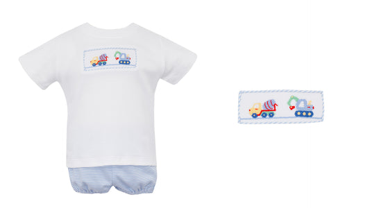 Construction Trucks Smocked Blue Stripe Knit Shorts Set (with Straight Shorts at 2T)