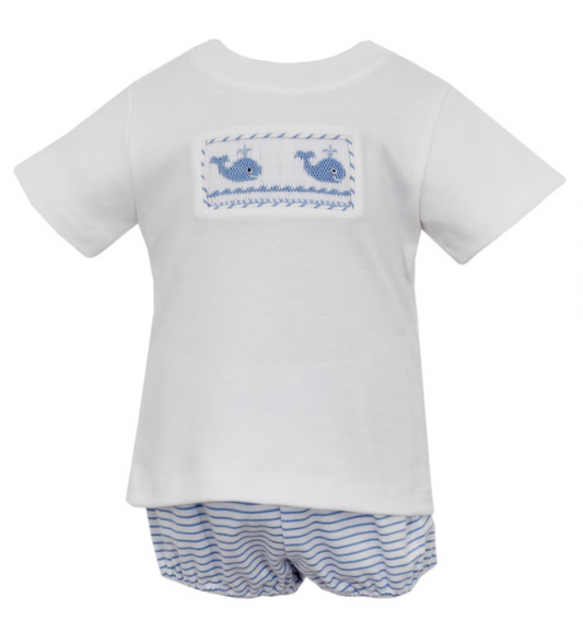 Boy's Whale Smocked Blue Stripe Knit Shorts Set