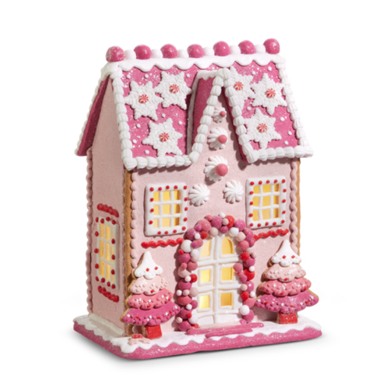 Lighted Pink Gingerbread House 13"