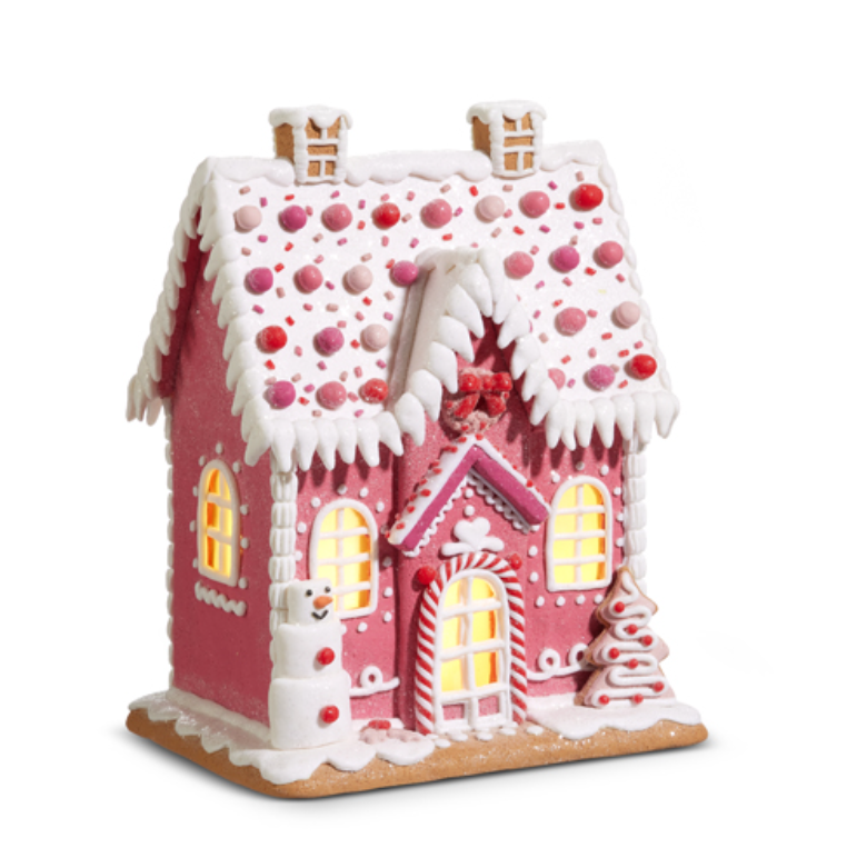 Lighted Pink Gingerbread House 11.5"