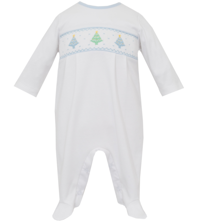 Boy's Pastel Christmas Trees Smocked White Knit Footie