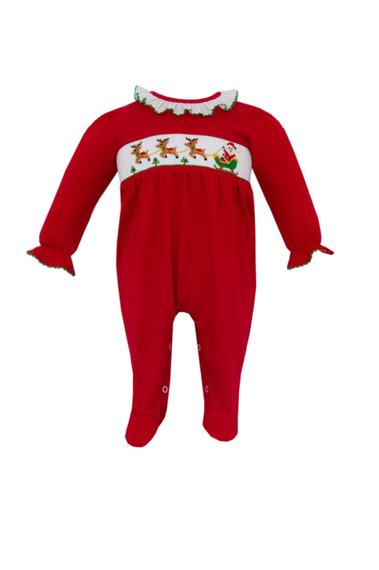 Santa's Sleigh Girl's Red Knit Footie