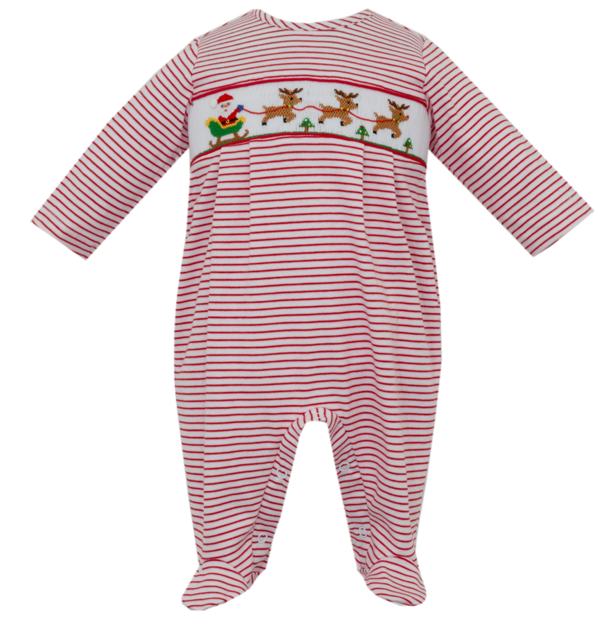 Boy's Santa's Sleigh Smocked Red Stripe Knit Footie