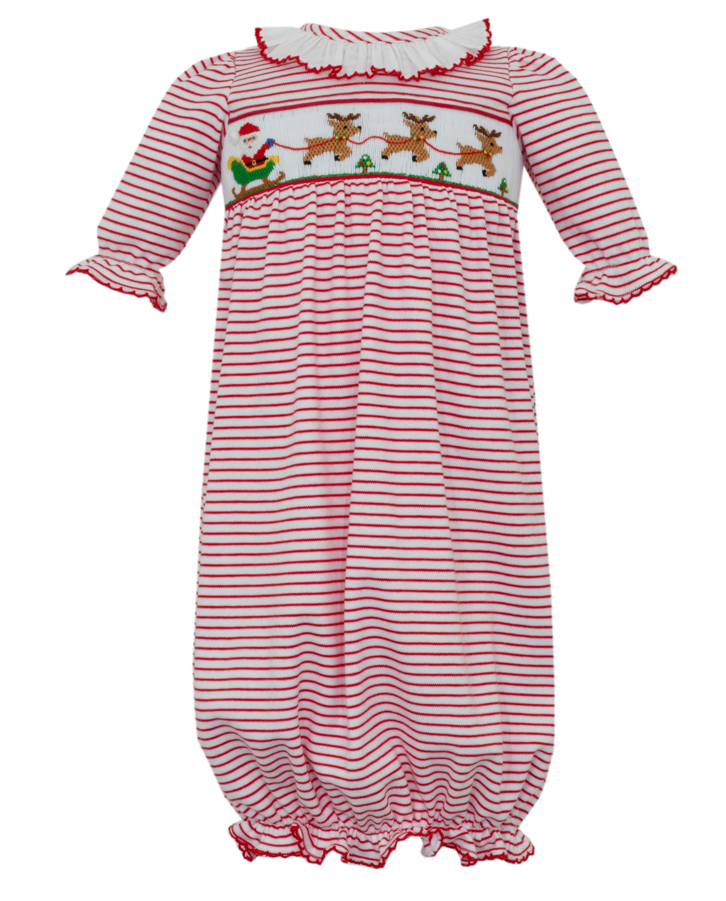 Girl's Santa's Sleigh Smocked Red Stripe Knit Sack Gown