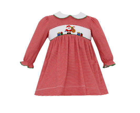 Girl Long Sleeve Santa Smocked Red Stripe Knit Dress
