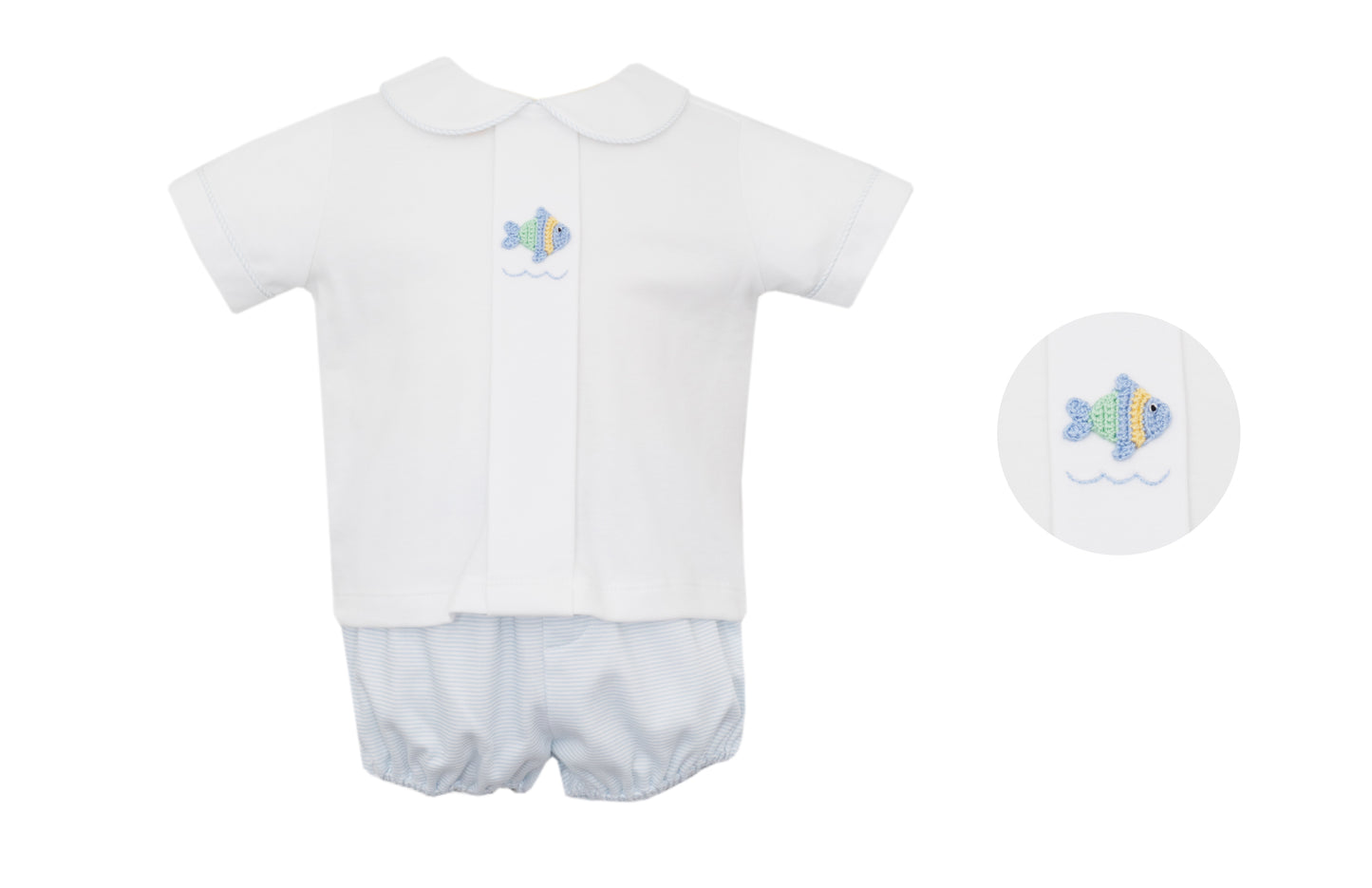 Fish Crocheted Blue Stripe Knit Shorts Set