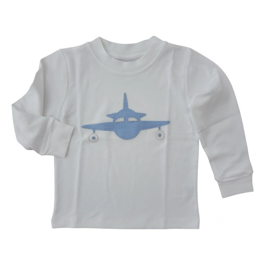 Long Sleeve White T-Shirt with Blue Airplane Applique