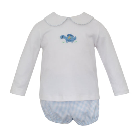 Boy's Dinosaur Crochet Long Sleeve Blue Gingham Diaper Set