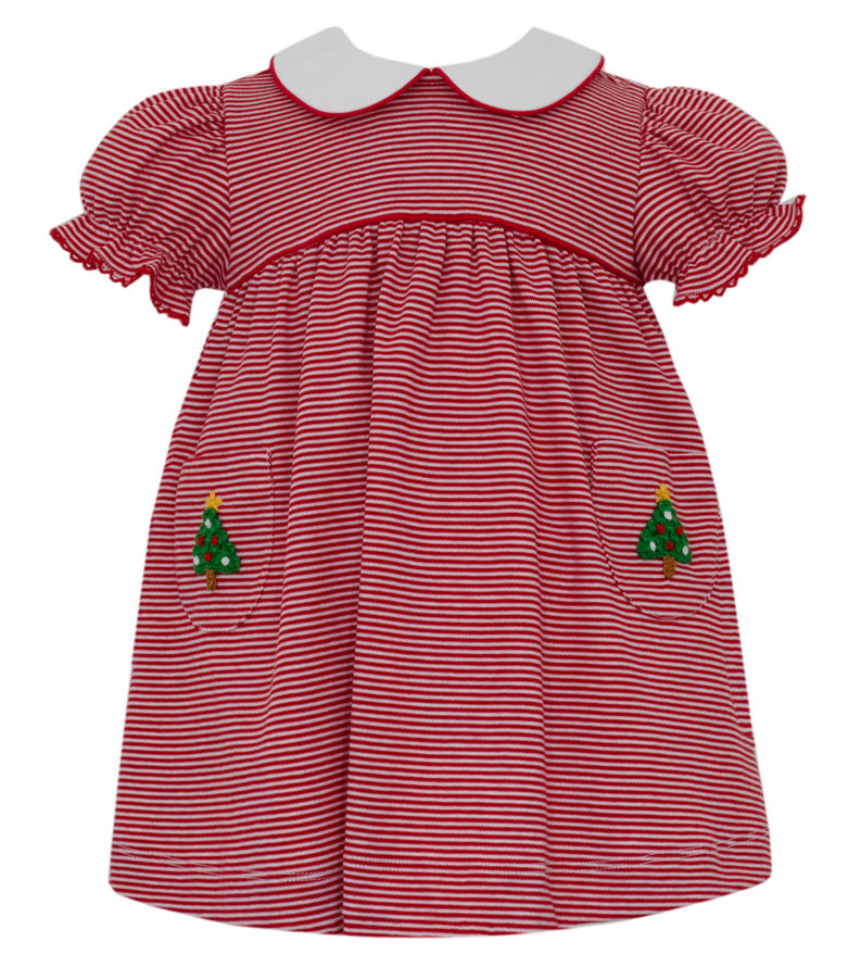 Girl's Christmas Tree Crochet Pocket Red Stripe Knit Collared Dress