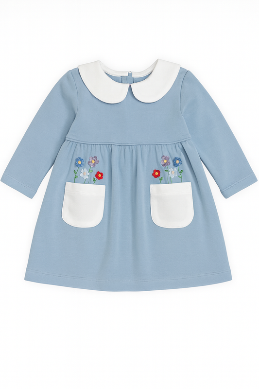 Long Sleeve Embroidered Flowers Pocket Sky Blue Dress