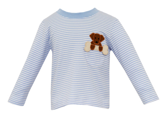 Boy Long Sleeve Blue Stripe Puppy T-Shirt