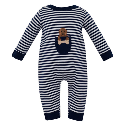 Boy's Long Sleeve Navy Blue Stripe Puppy Playsuit