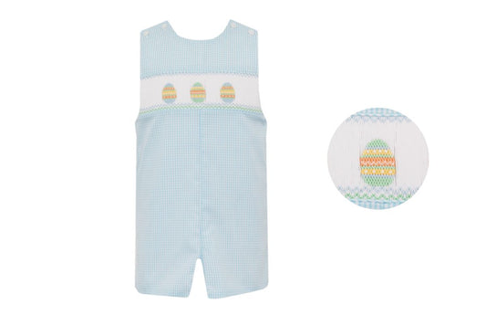 Boy's Easter Eggs Smocked Aqua Blue Gingham John John