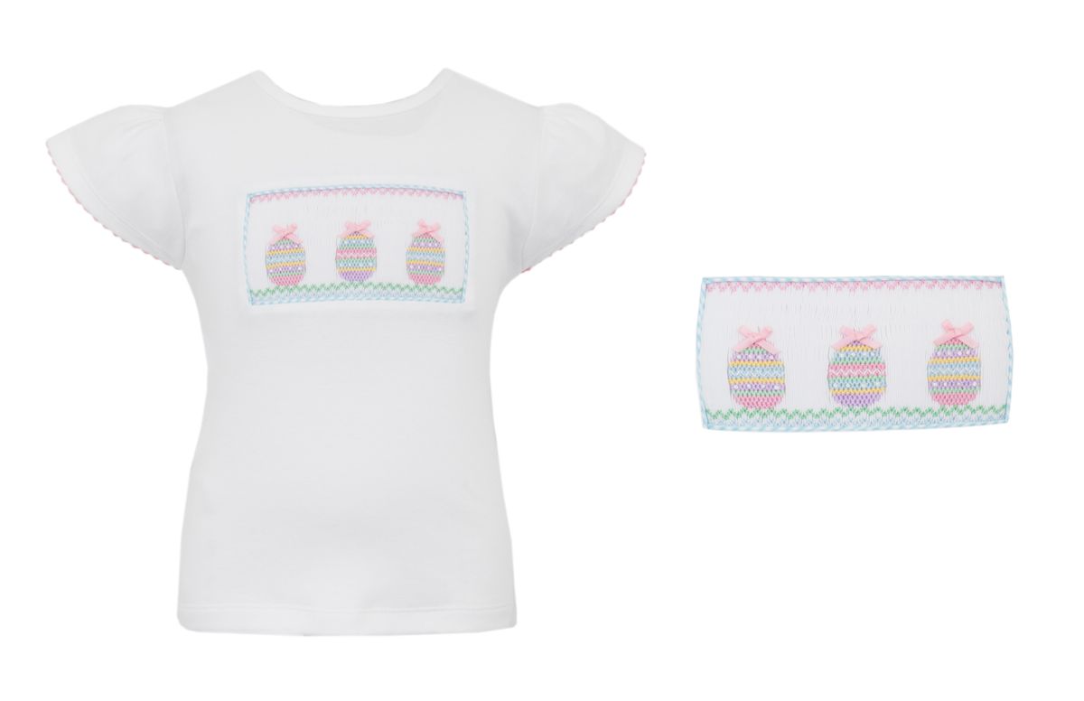 Girl's Easter Eggs Smocked White T-Shirt