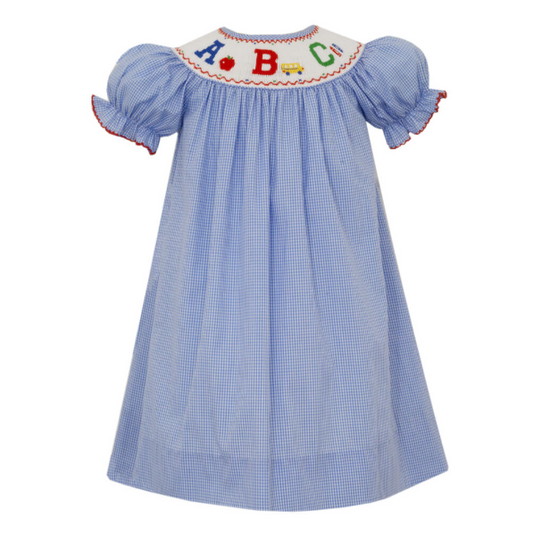 Girl's ABC Smocked Blue Gingham Bishop Dress
