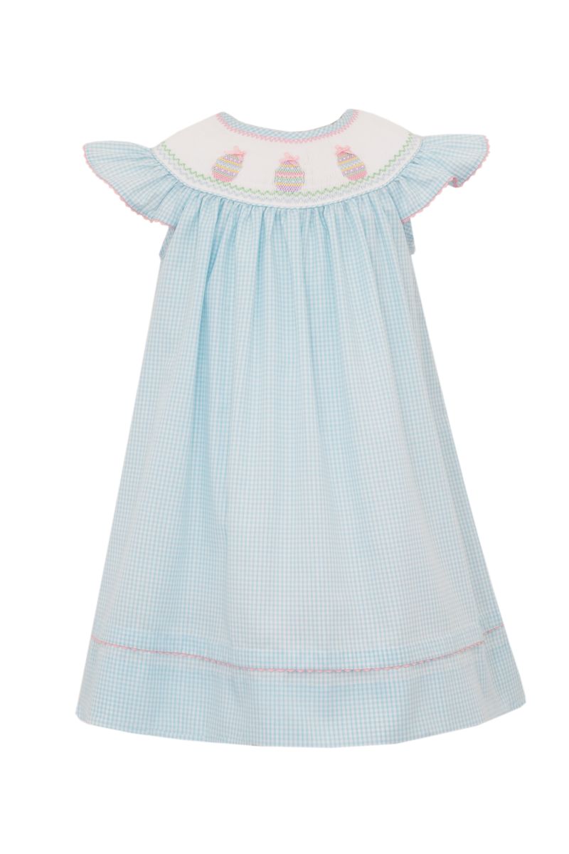 Girl's Easter Eggs Bishop Smocked Aqua Blue Gingham Dress