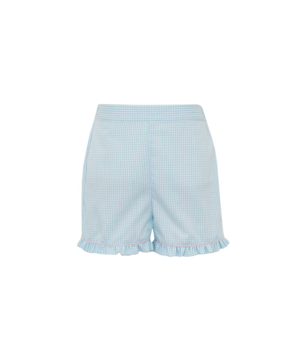 Girl's Aqua Blue Gingham Ruffle Shorts w/ Pale Pink Ricrac