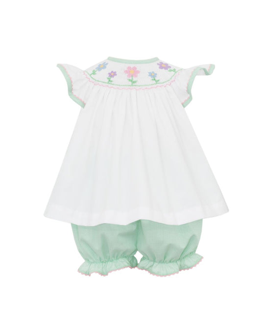 Flower Smocked Bishop Green Gingham Bloomer Set