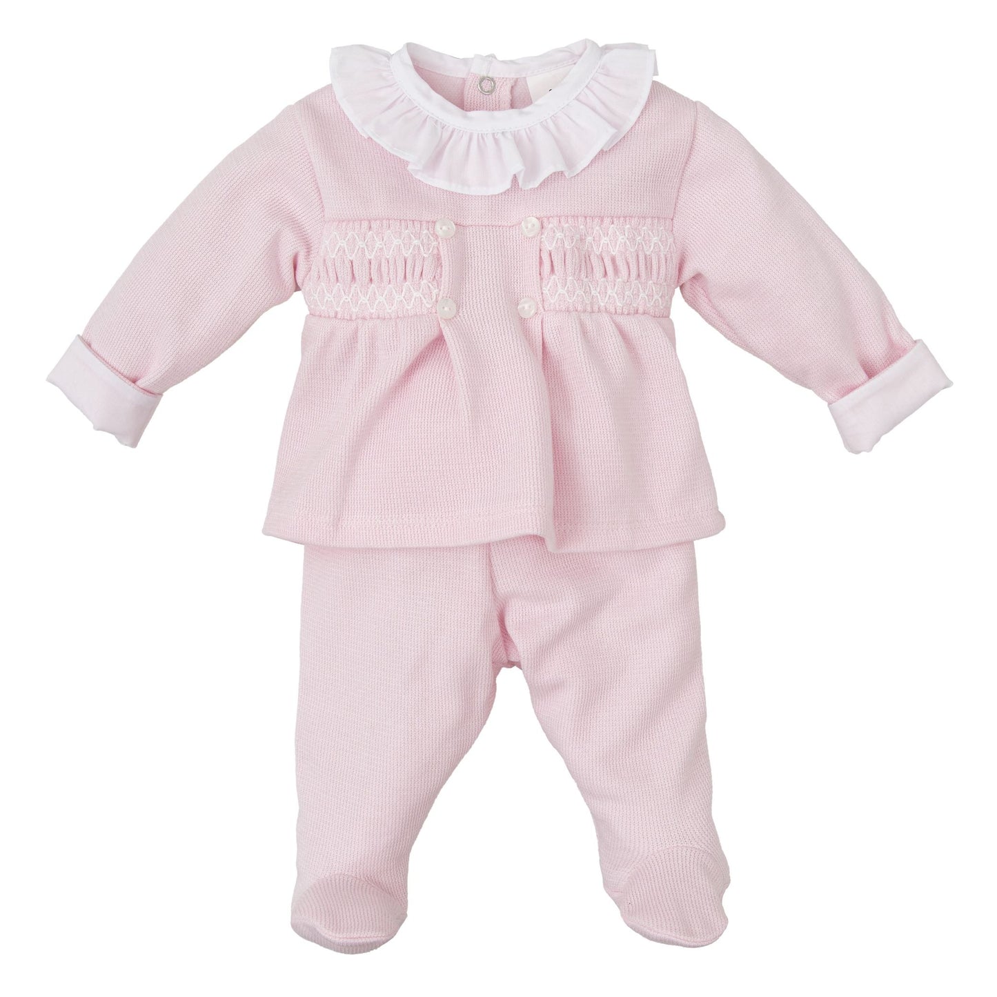 Pink Long Sleeve Smocked Footed Pant Set