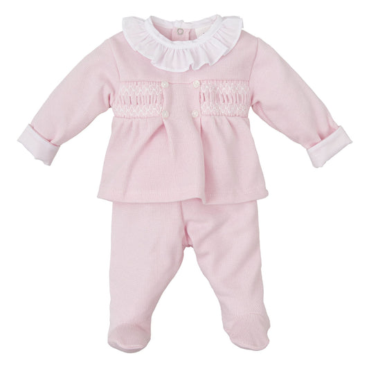 Pink Long Sleeve Smocked Footed Pant Set