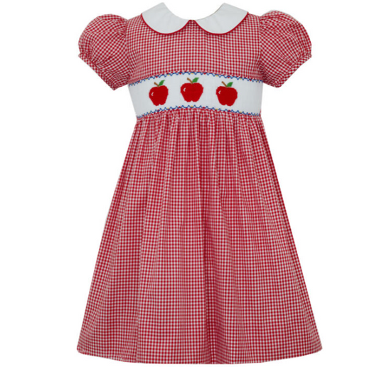 Girl's Apple Smocked Red Gingham Peter Pan Collar Dress