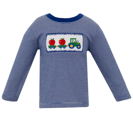 Boy's Apple Smocked Navy Blue Stripe Long Sleeve T-Shirt