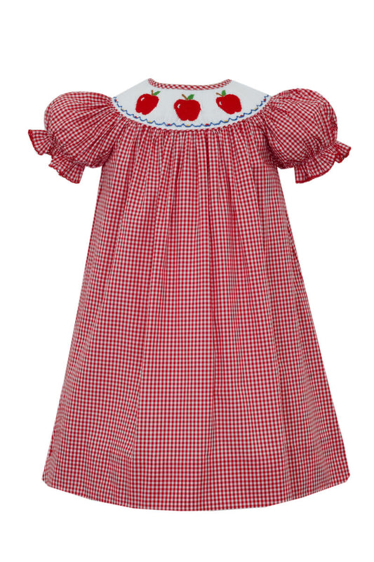 Girl's Apple Smocked Red Gingham Bishop Dress