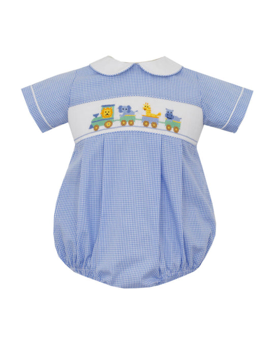 Boy's Animal Train Smocked Light Blue Gingham Bubble